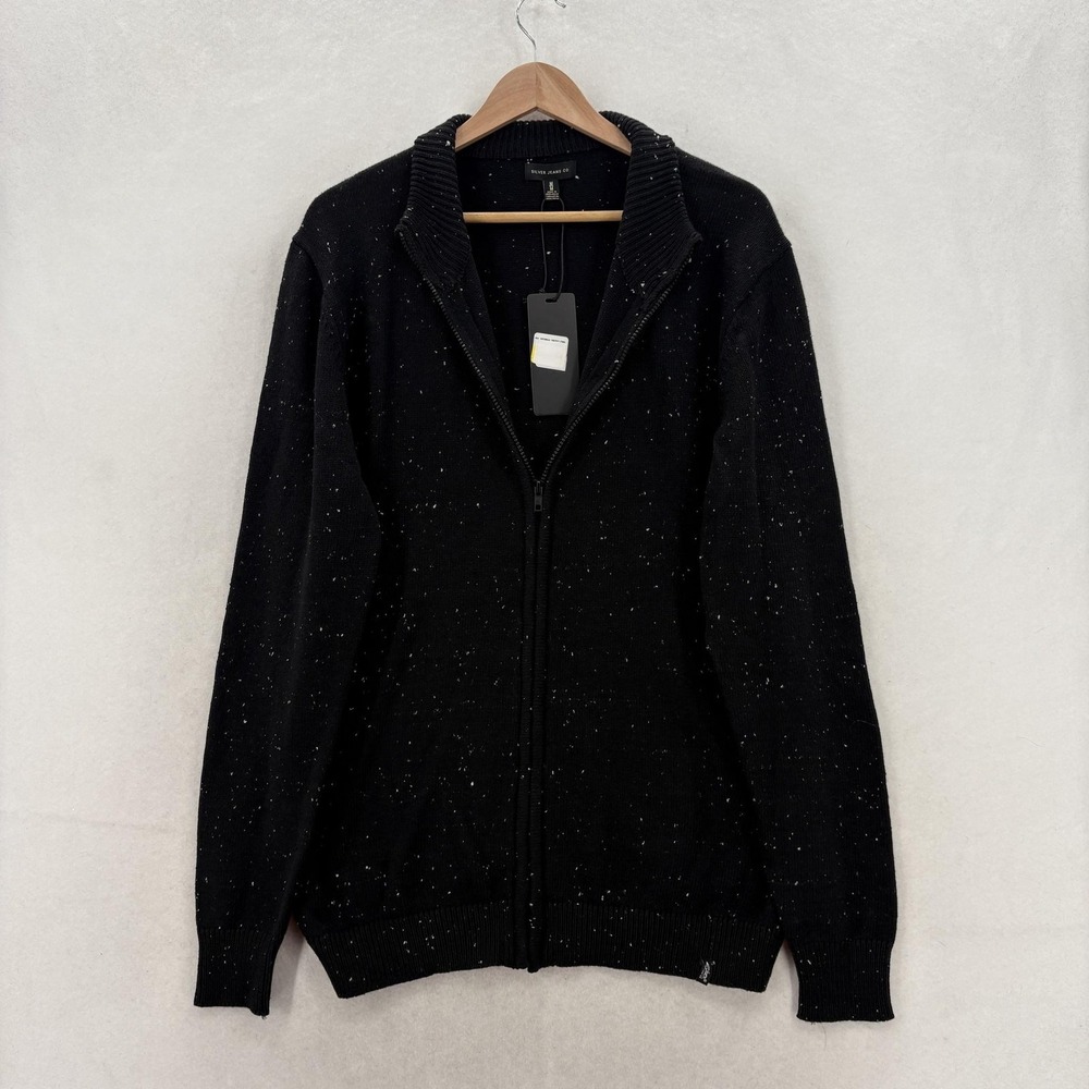 Silver Jeans Co Full Zip Sweater Mens M Heather Black Speckled Knit Collared NWT